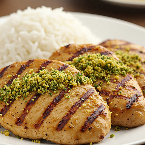 Bifinhos de frango c/ arroz e migas de feijão frade