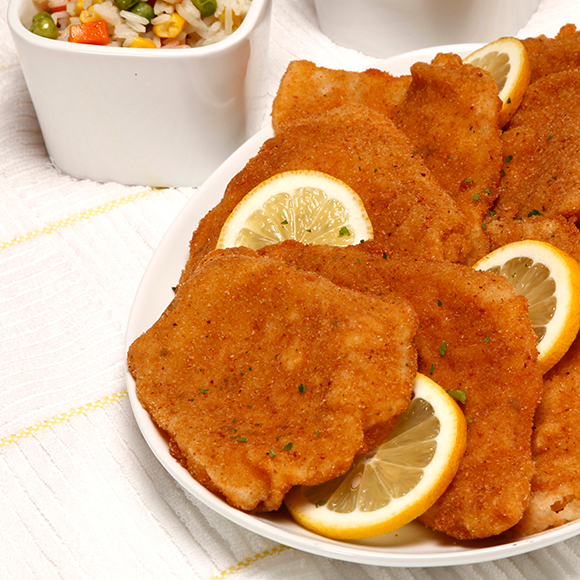 Panados de porco c/ arroz de legumes